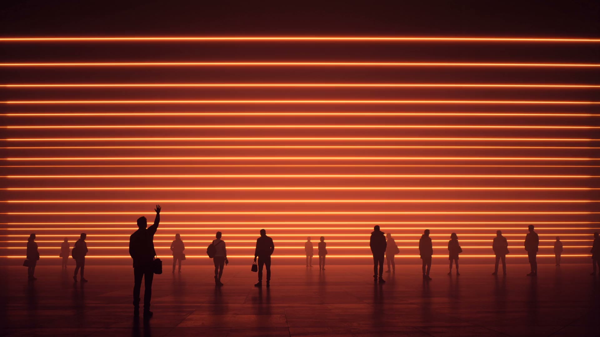 Visitors standing in a dark hall crossed by dozens of horizontal lines of warm amber light, one person waving